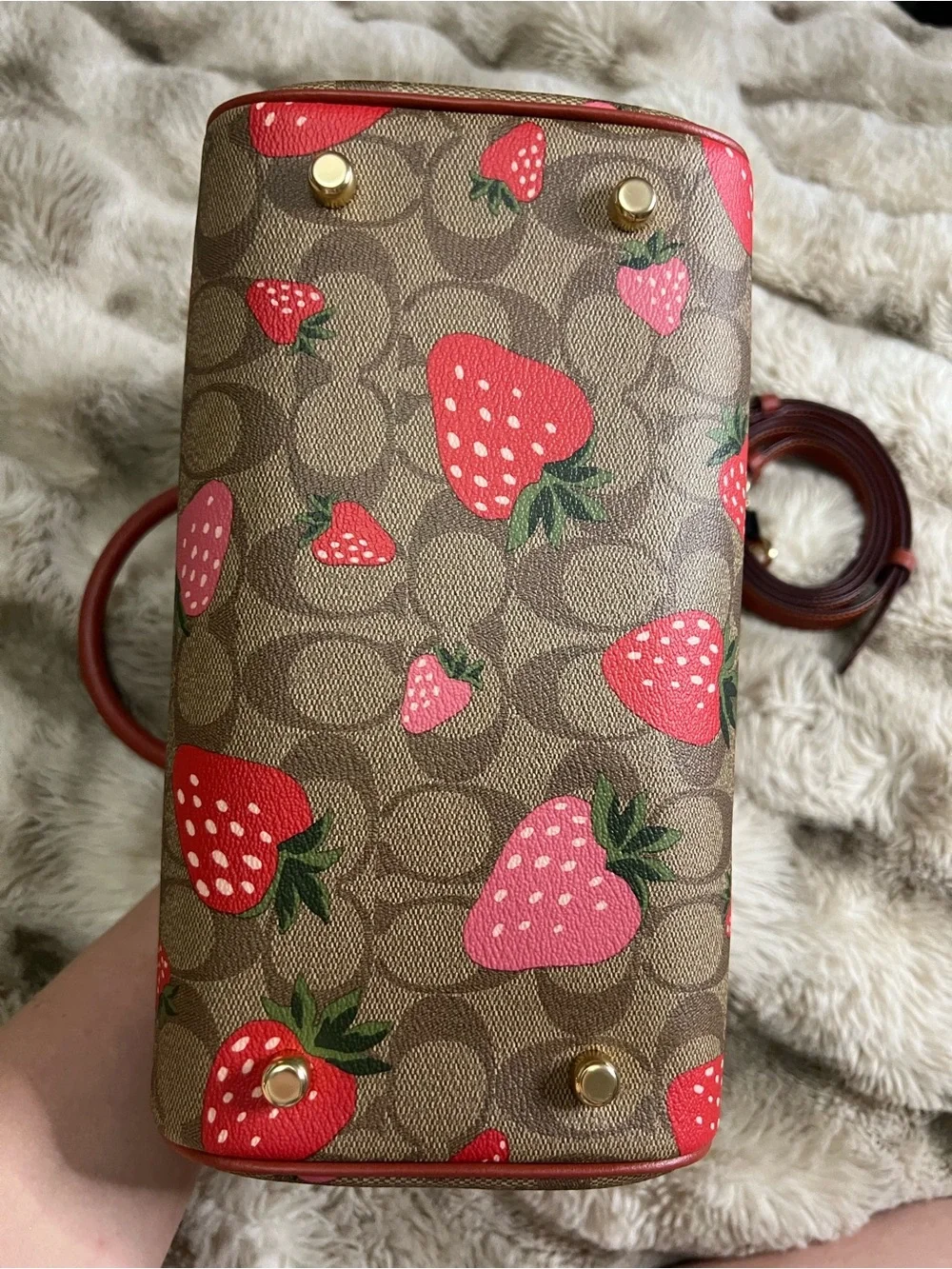 Medium Coach Rowan Satchel in brown & red signature strawberry print (MSRP $428)